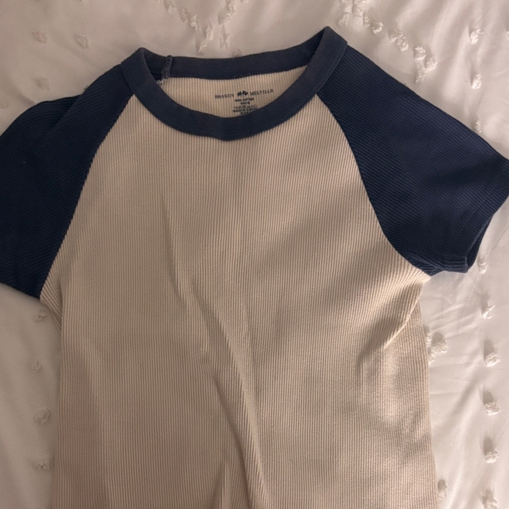 Brandy Melville Navy and Cream Raglan T-Shirt